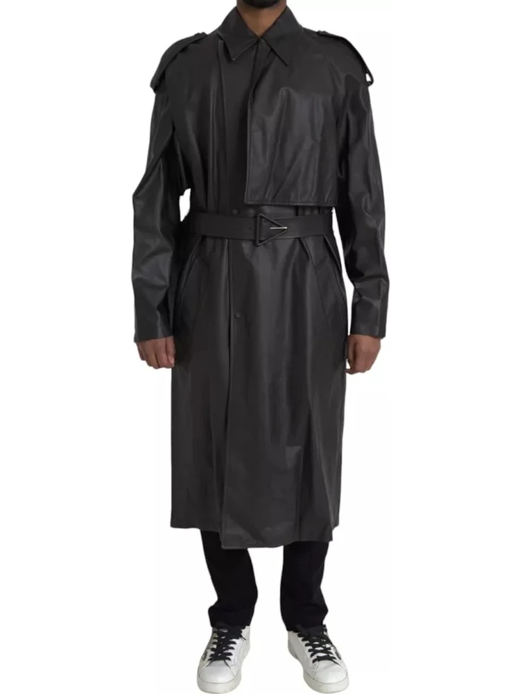 Black Leather Men Waterproof Trenchcoat Jacket