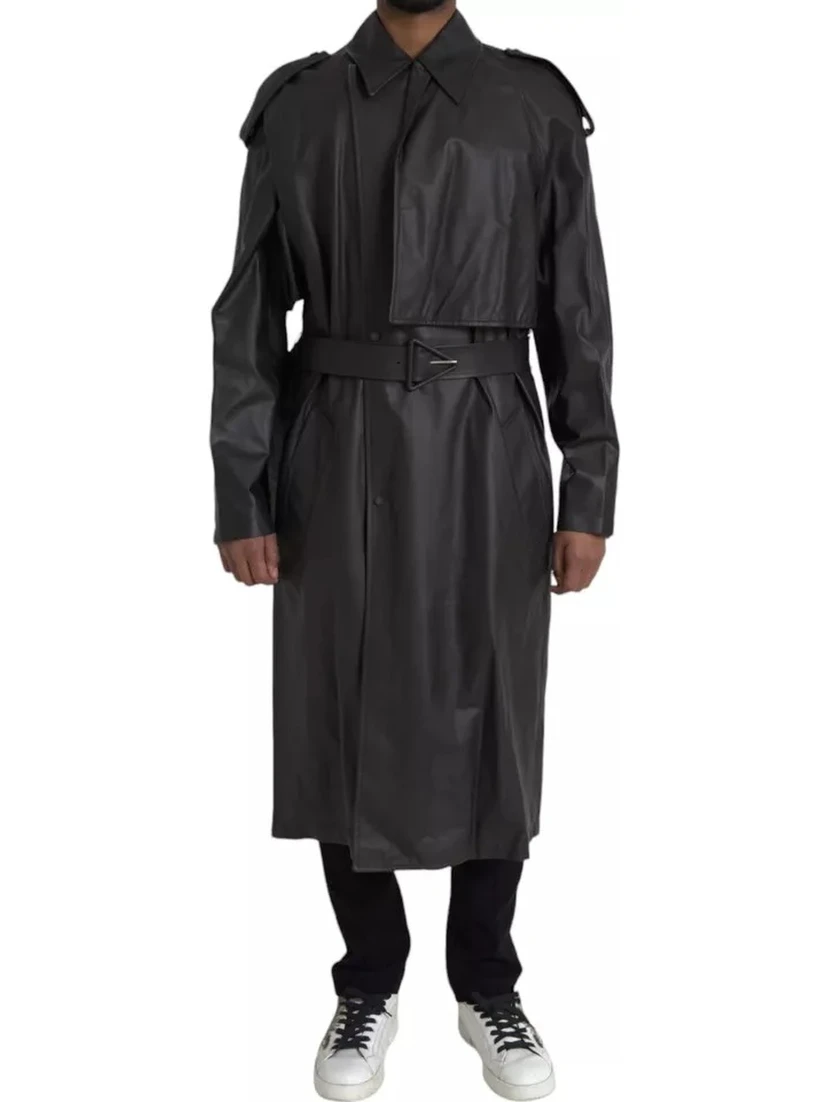 Black Leather Men Waterproof Trenchcoat Jacket