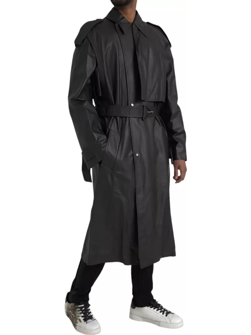 Black Leather Men Waterproof Trenchcoat Jacket