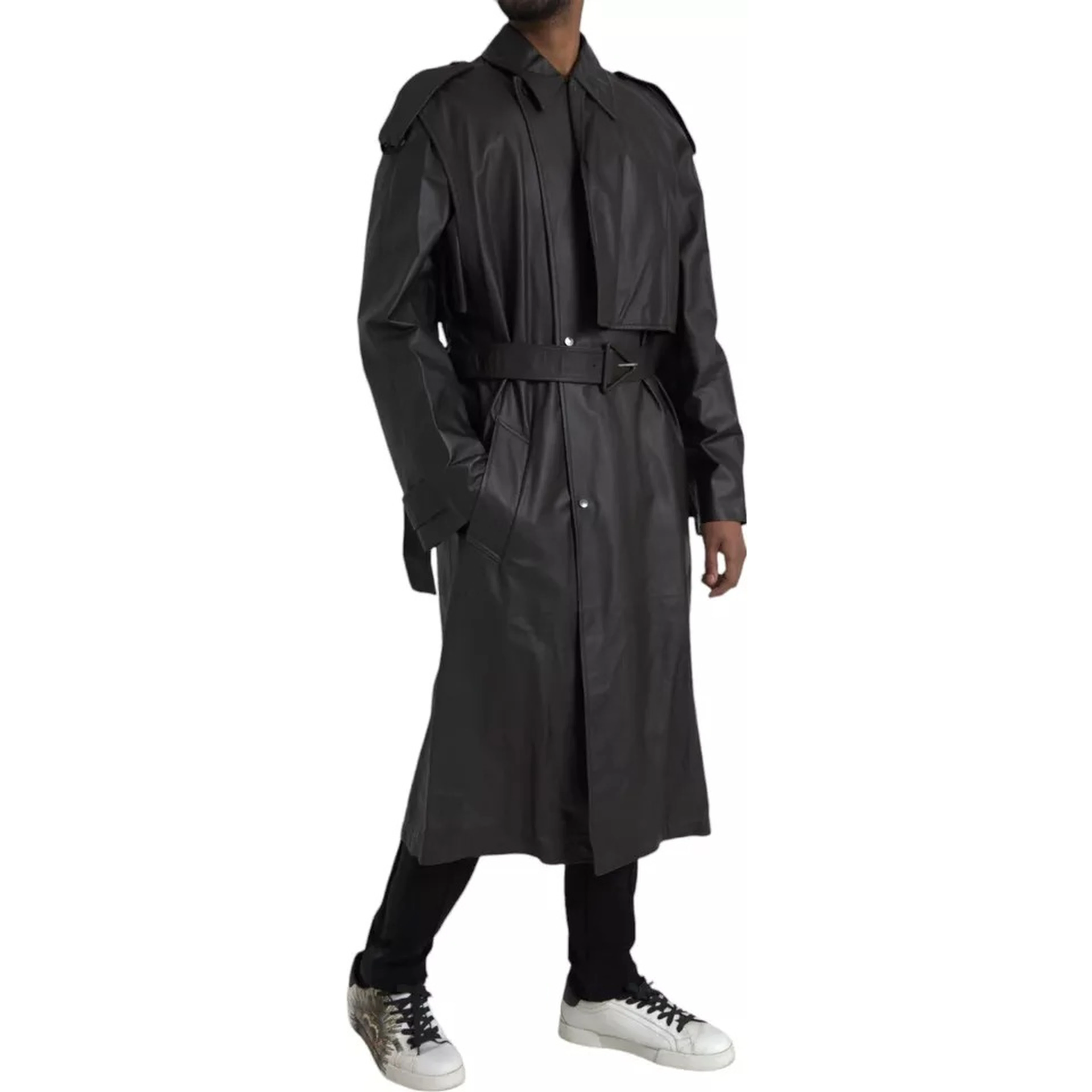 Black Leather Men Waterproof Trenchcoat Jacket