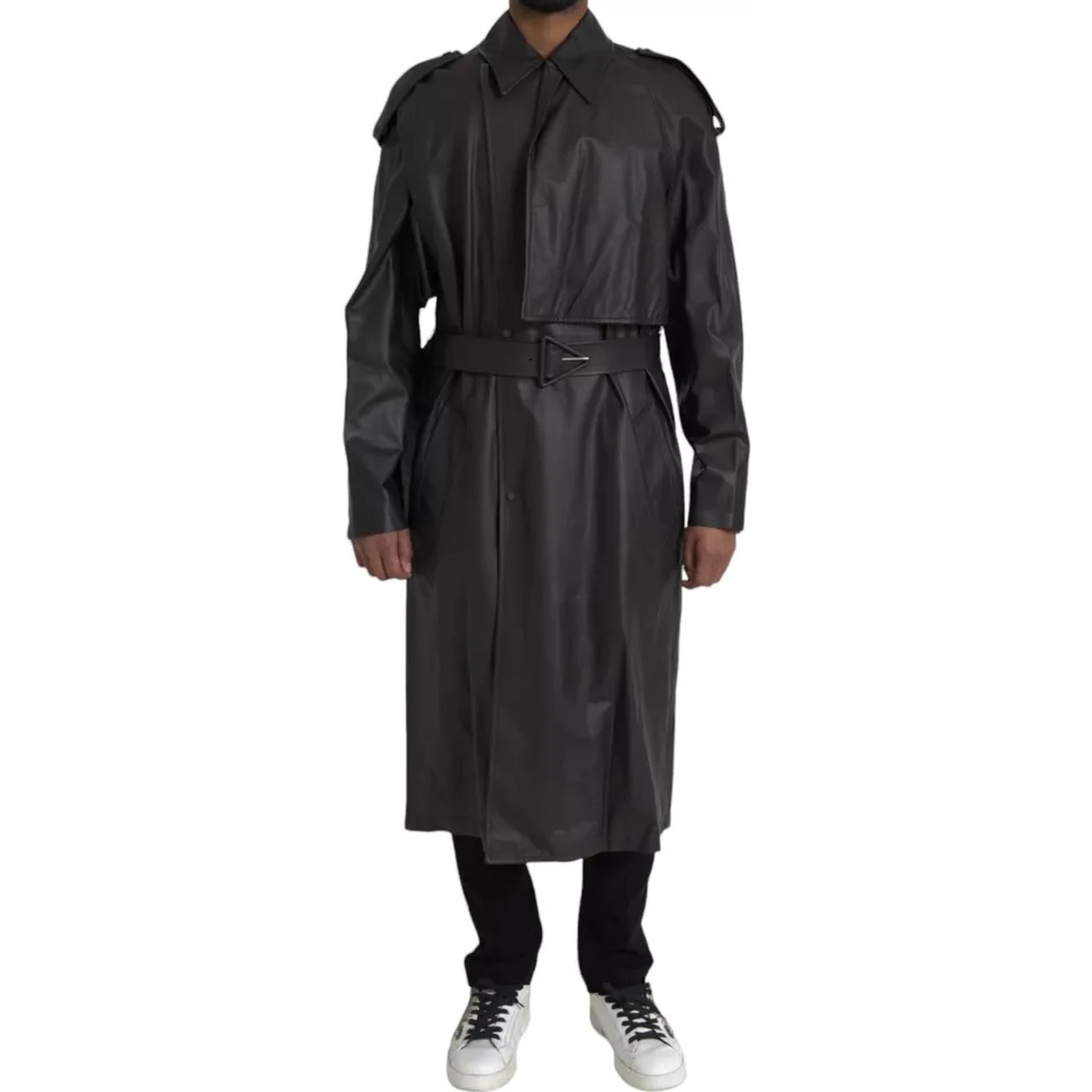 Black Leather Men Waterproof Trenchcoat Jacket