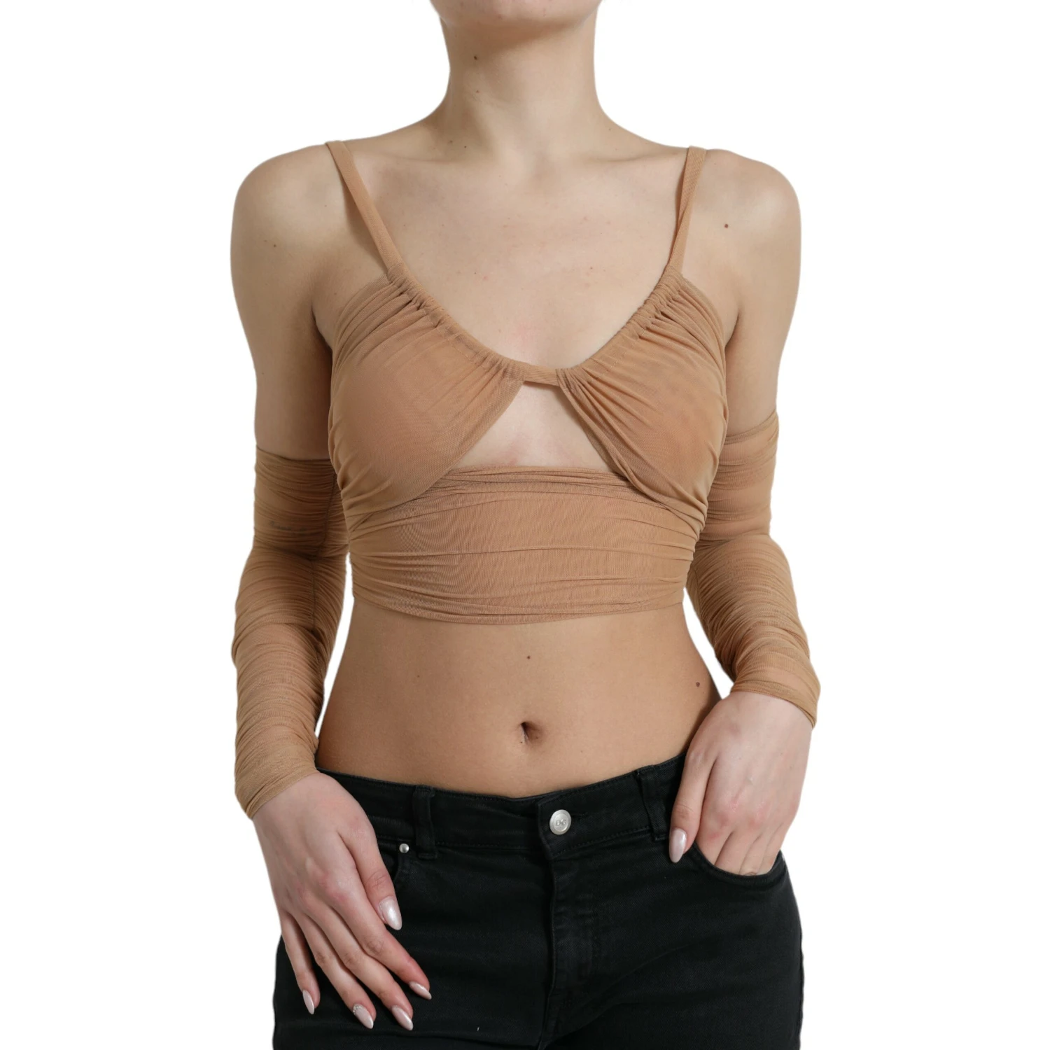 Brown Nylon Stretch Open Shoulder Cropped Top