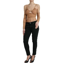 Brown Nylon Stretch Open Shoulder Cropped Top