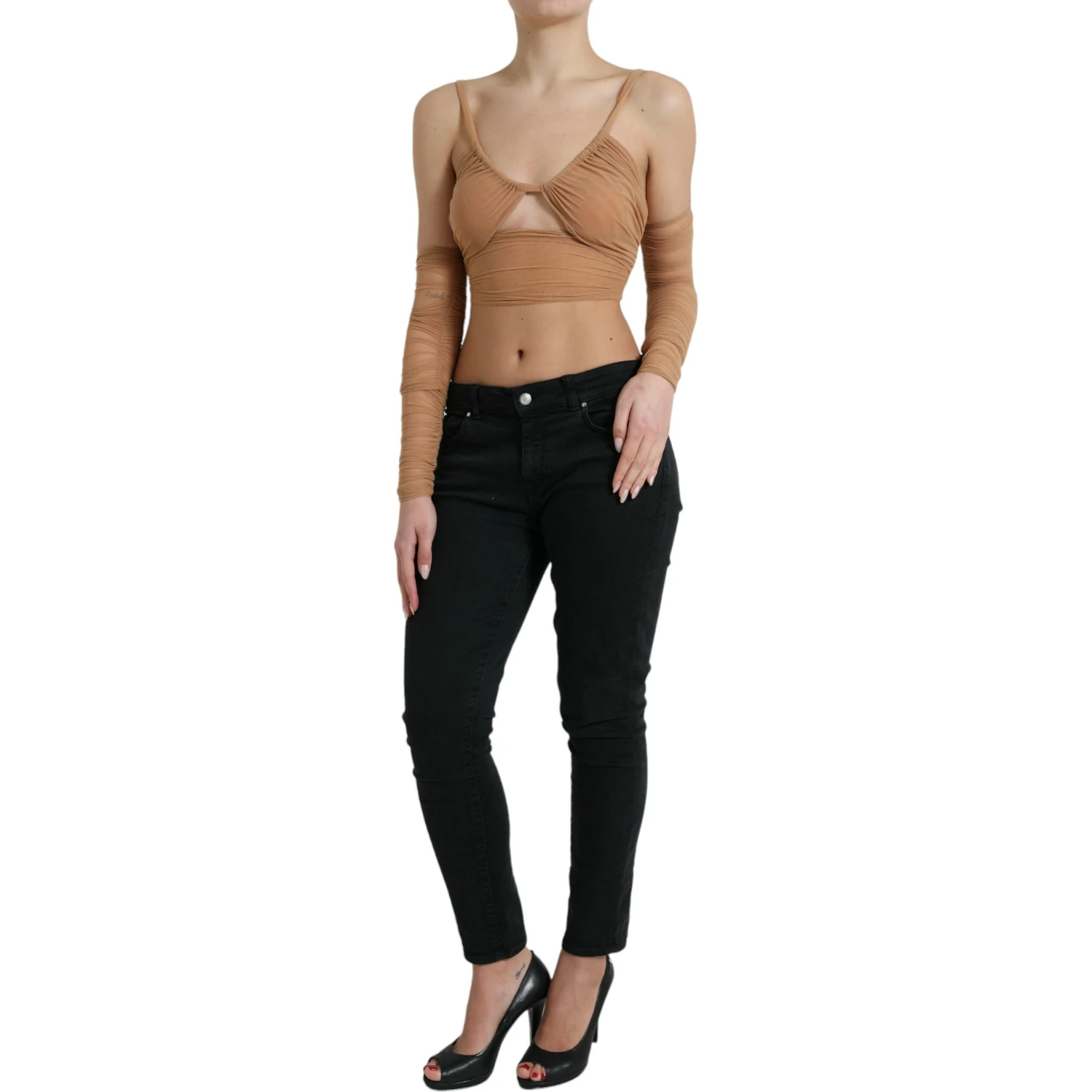 Brown Nylon Stretch Open Shoulder Cropped Top