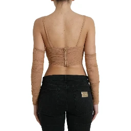 Brown Nylon Stretch Open Shoulder Cropped Top