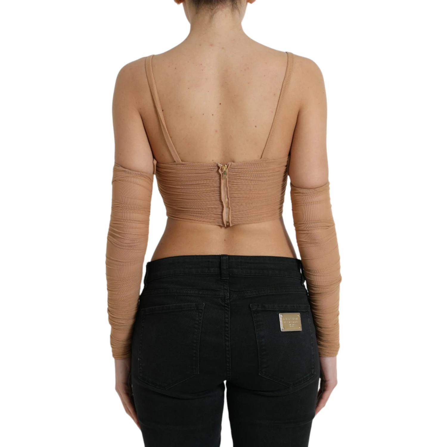 Brown Nylon Stretch Open Shoulder Cropped Top