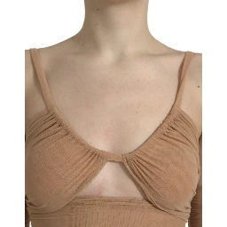 Brown Nylon Stretch Open Shoulder Cropped Top