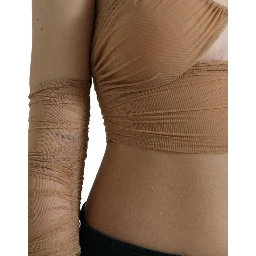Brown Nylon Stretch Open Shoulder Cropped Top