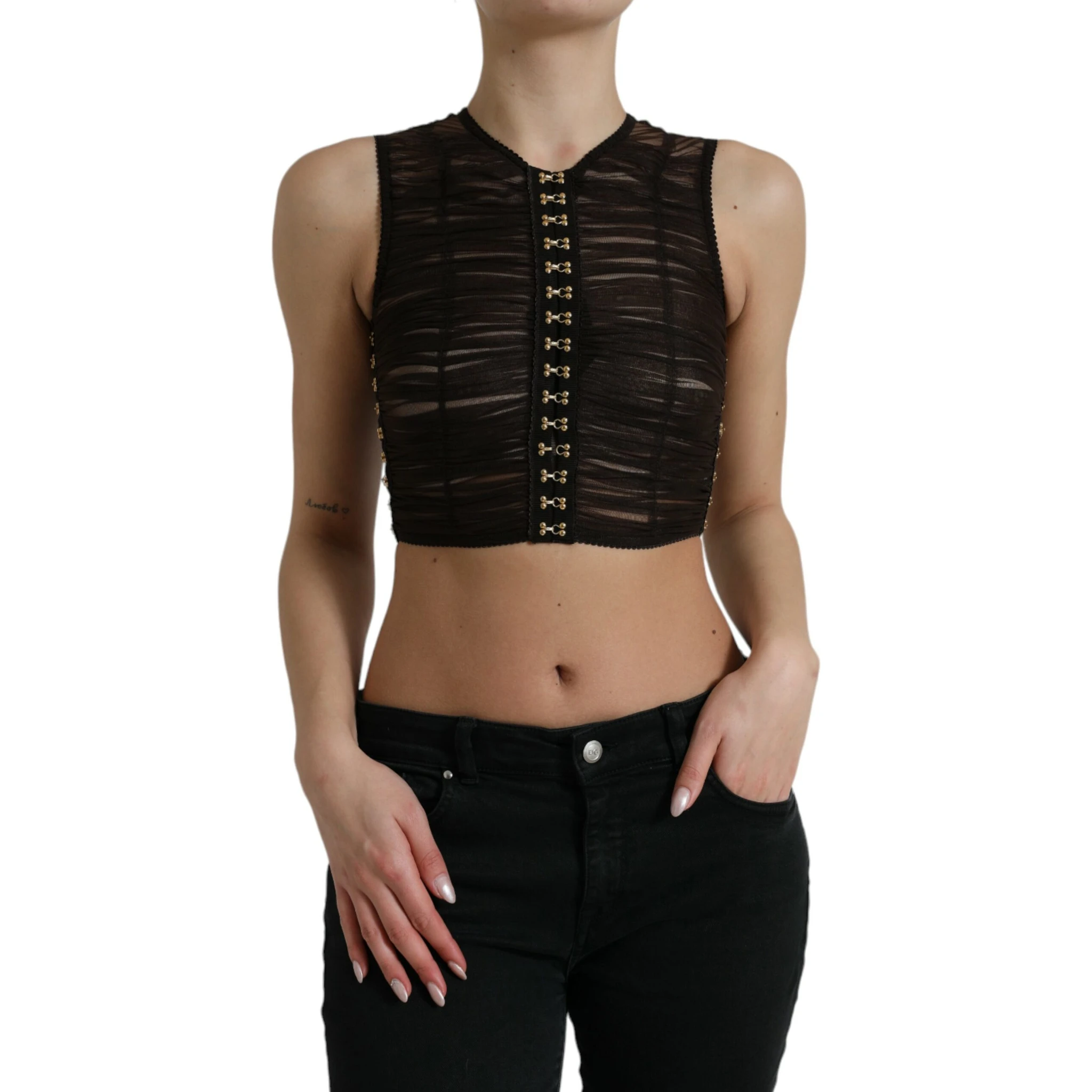 Brown Embellished Nylon Stretch Cropped Top