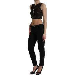 Brown Embellished Nylon Stretch Cropped Top