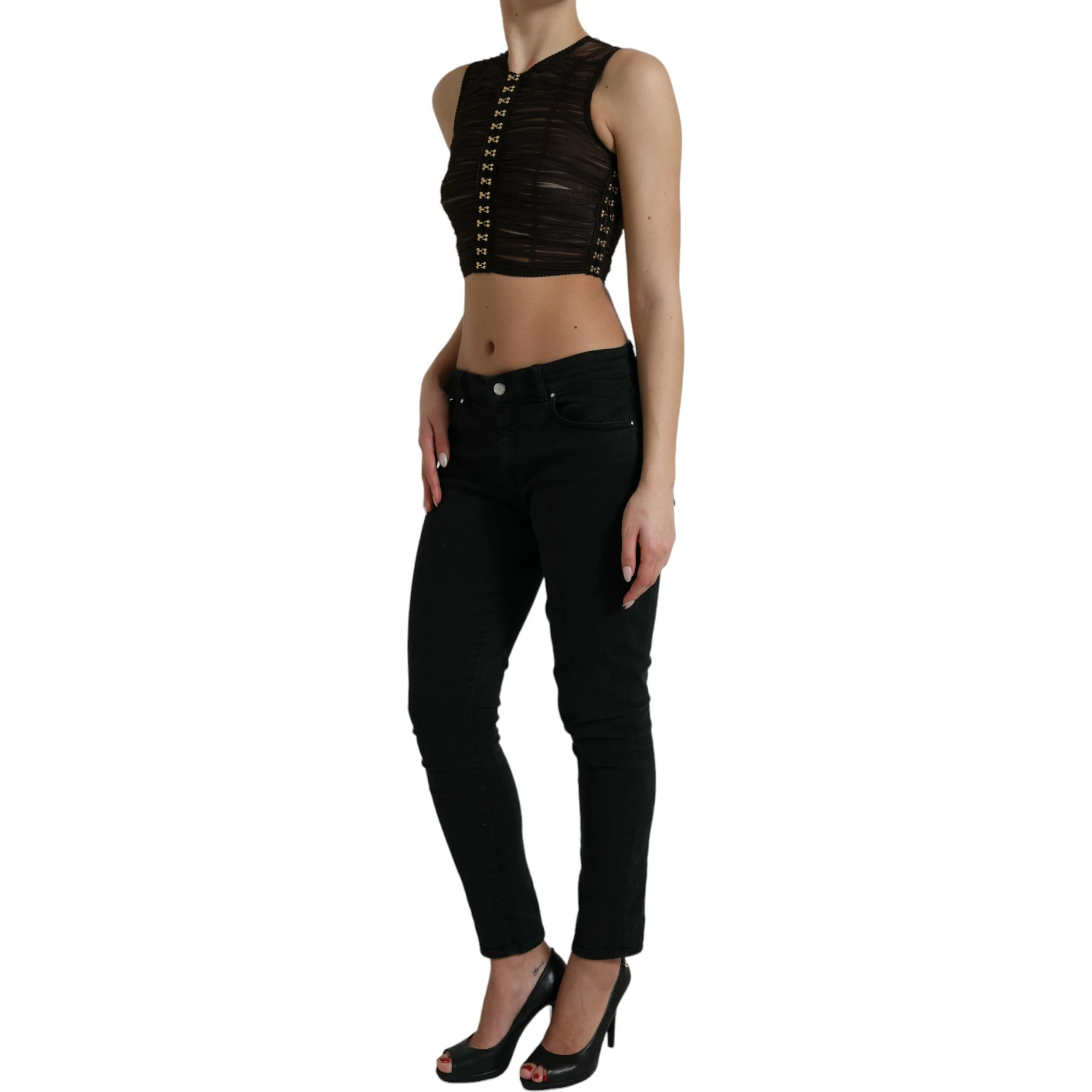 Brown Embellished Nylon Stretch Cropped Top