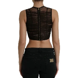 Brown Embellished Nylon Stretch Cropped Top