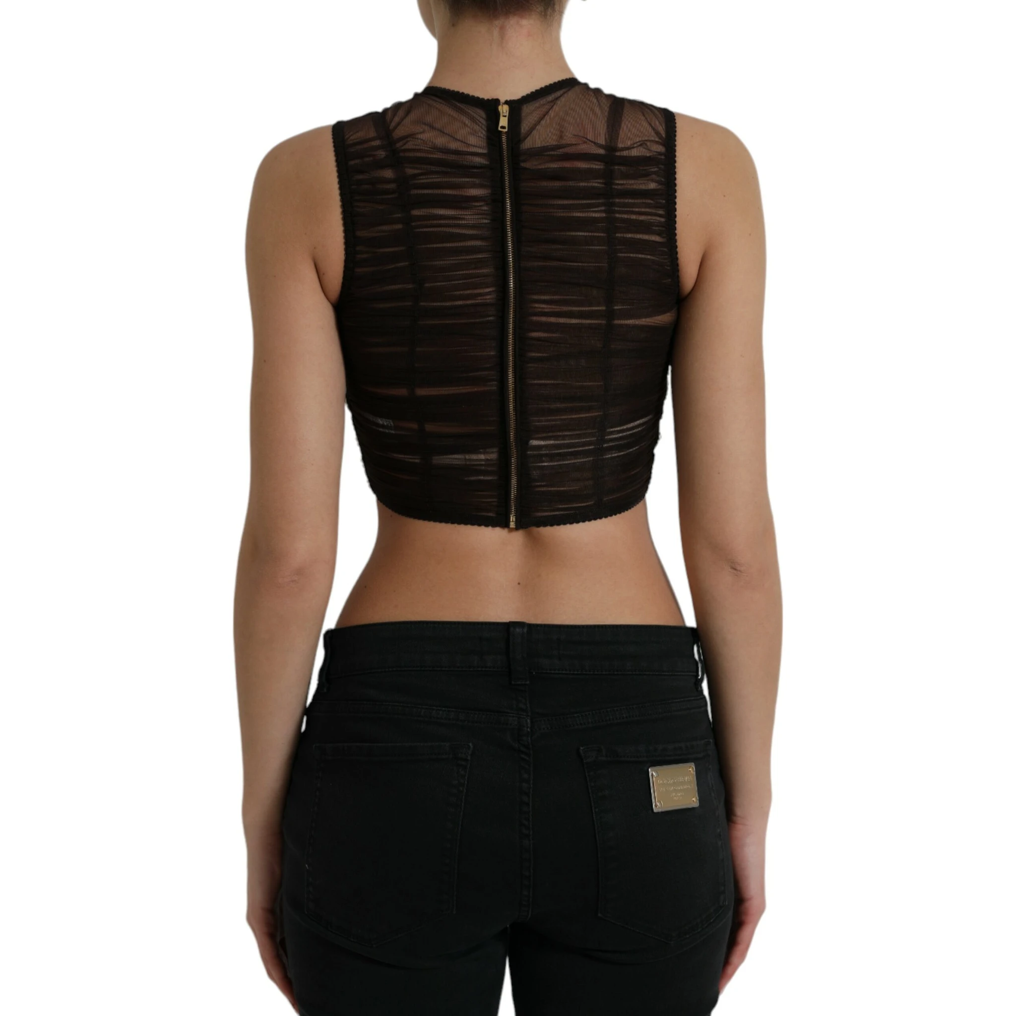 Brown Embellished Nylon Stretch Cropped Top