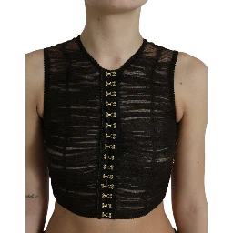 Brown Embellished Nylon Stretch Cropped Top