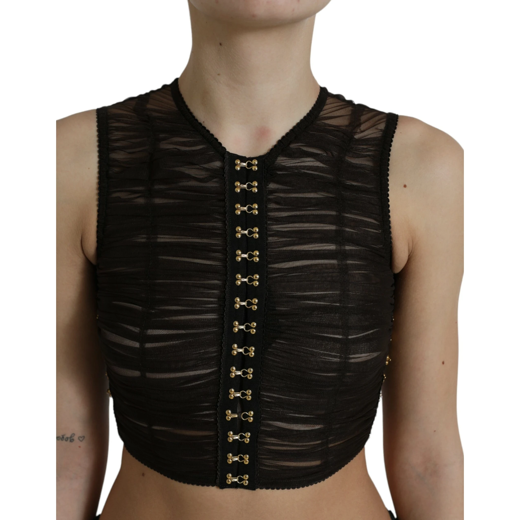 Brown Embellished Nylon Stretch Cropped Top