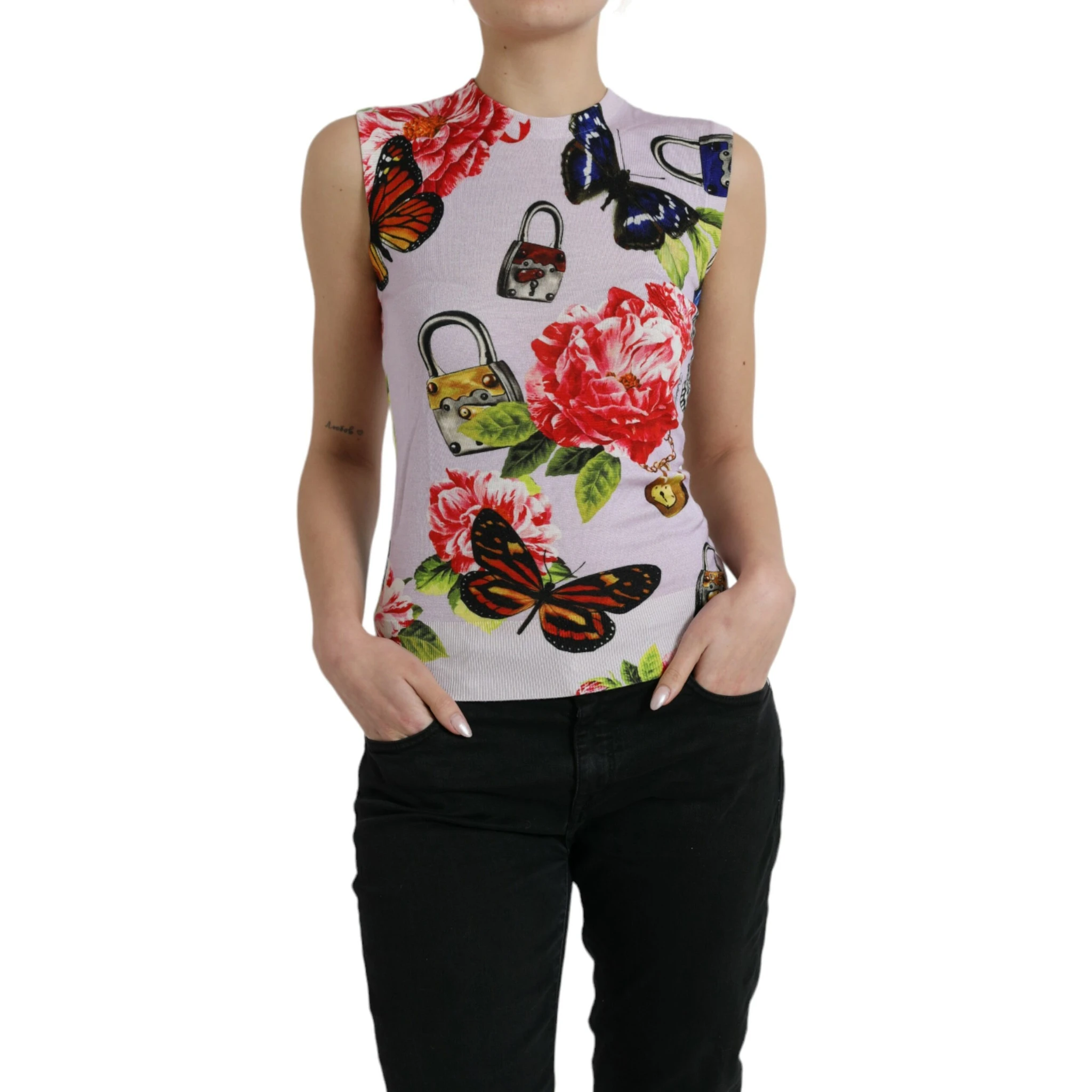 Multicolor Floral Padlock Butterfly Tank Top