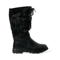 Black Rubber Lace Up Shearling Rain Boots Shoes
