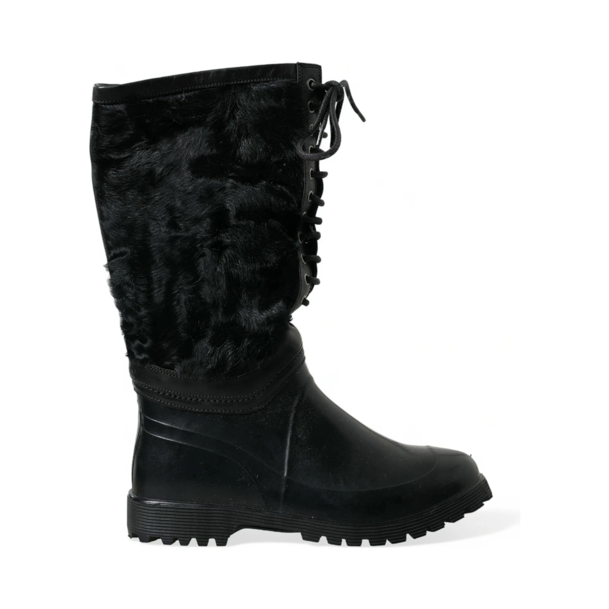 Black Rubber Lace Up Shearling Rain Boots Shoes