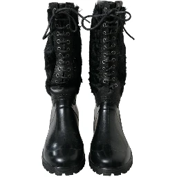 Black Rubber Lace Up Shearling Rain Boots Shoes