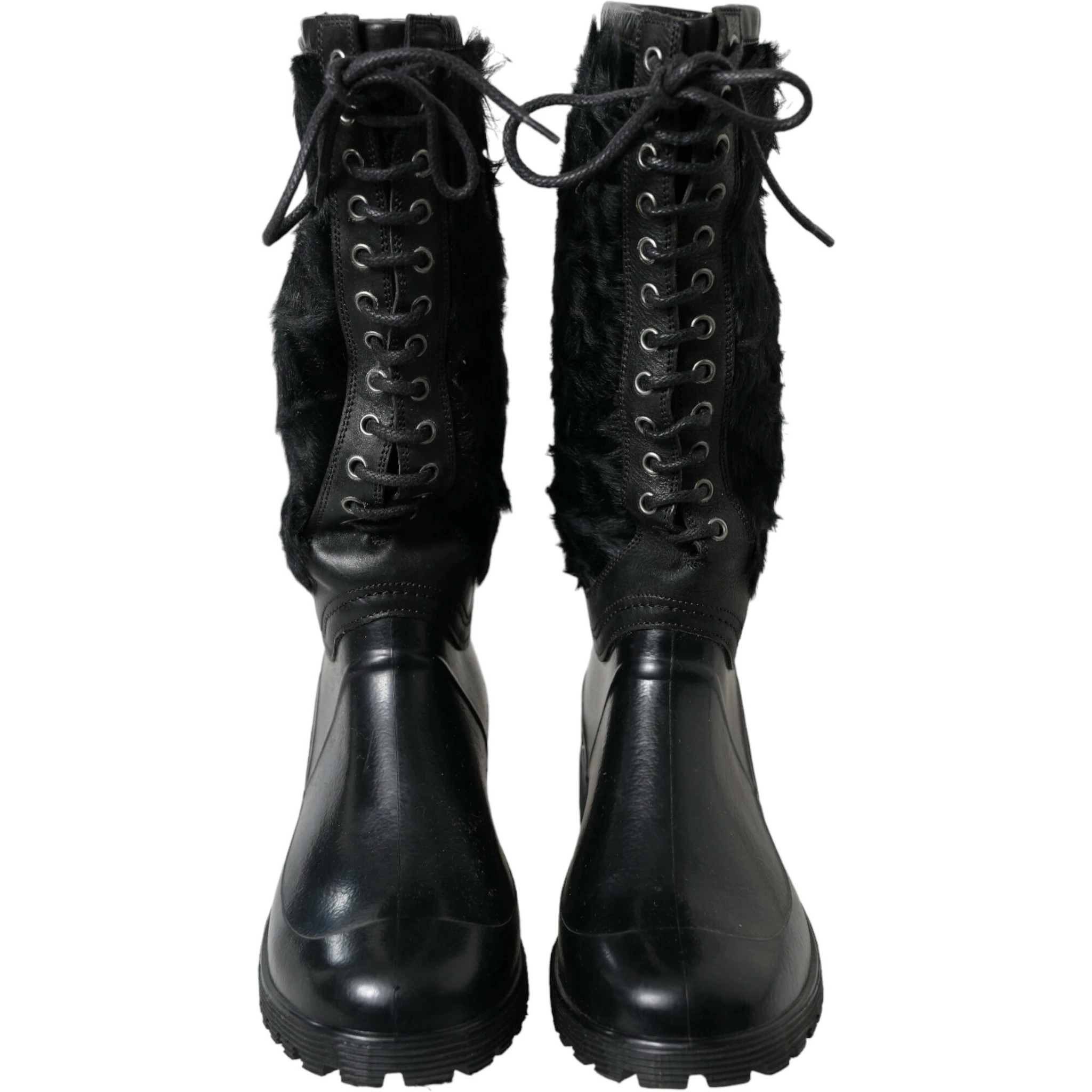 Black Rubber Lace Up Shearling Rain Boots Shoes