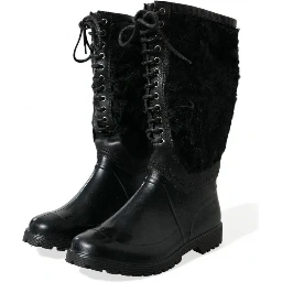 Black Rubber Lace Up Shearling Rain Boots Shoes