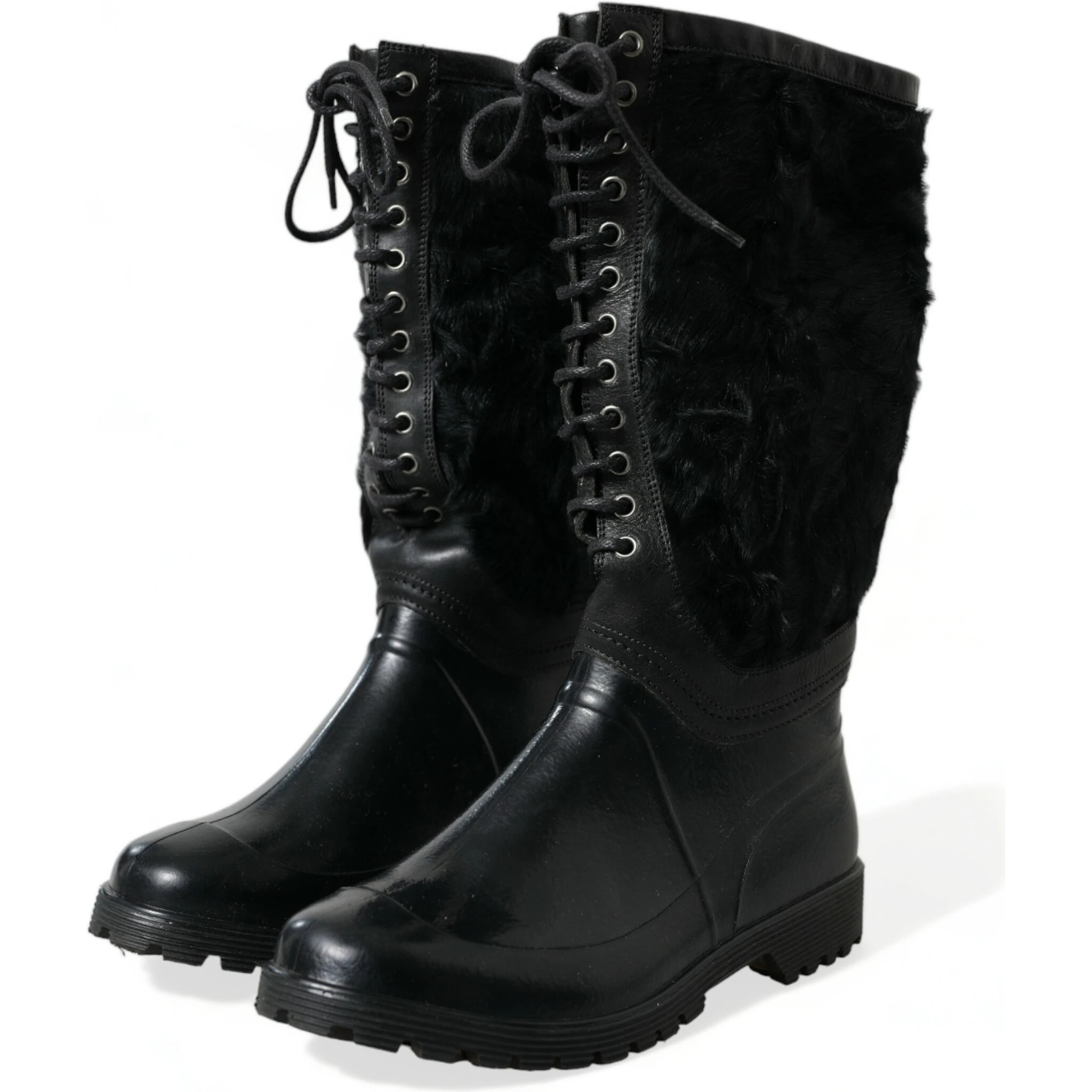 Black Rubber Lace Up Shearling Rain Boots Shoes