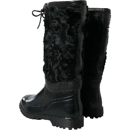 Black Rubber Lace Up Shearling Rain Boots Shoes