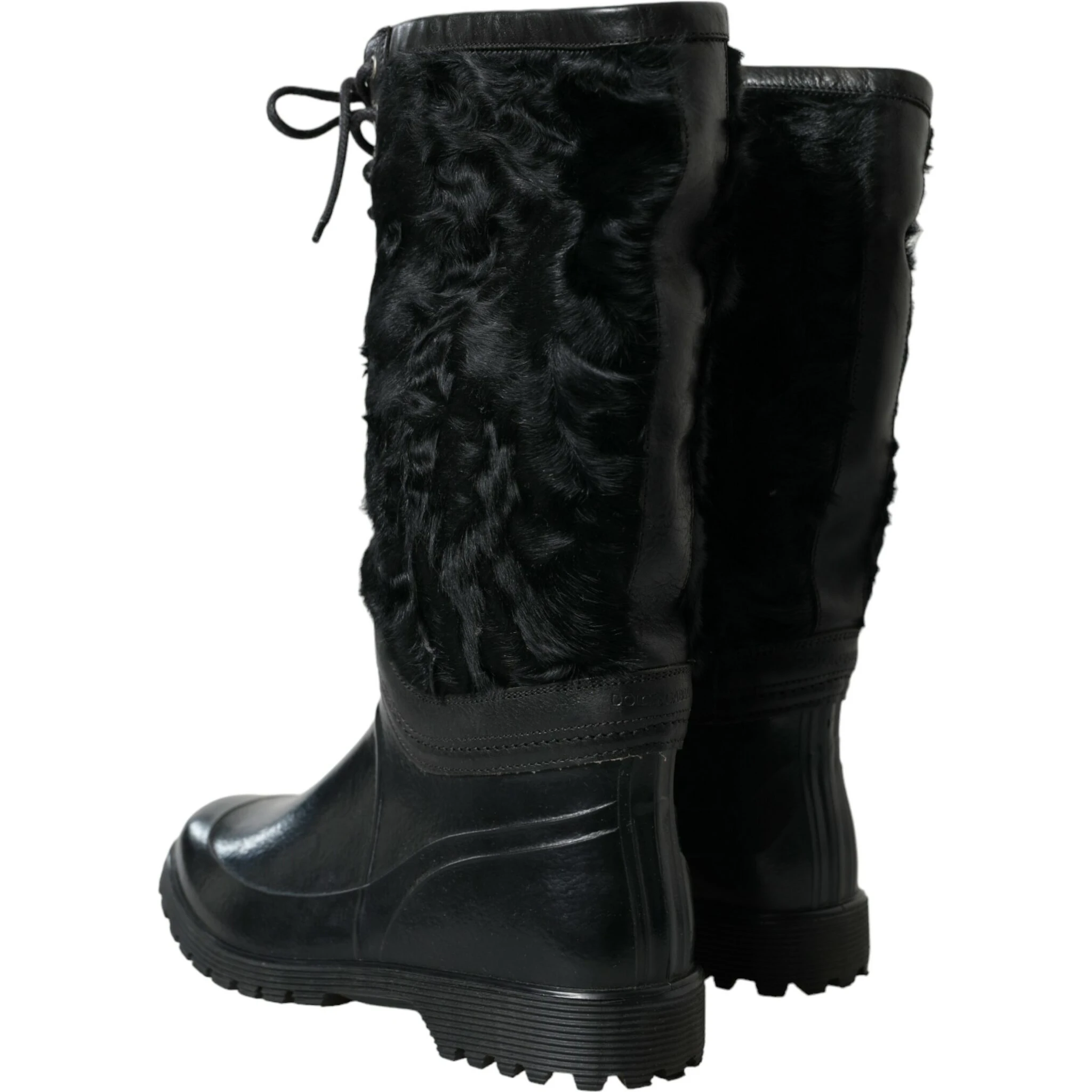 Black Rubber Lace Up Shearling Rain Boots Shoes