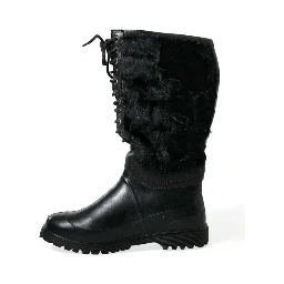 Black Rubber Lace Up Shearling Rain Boots Shoes