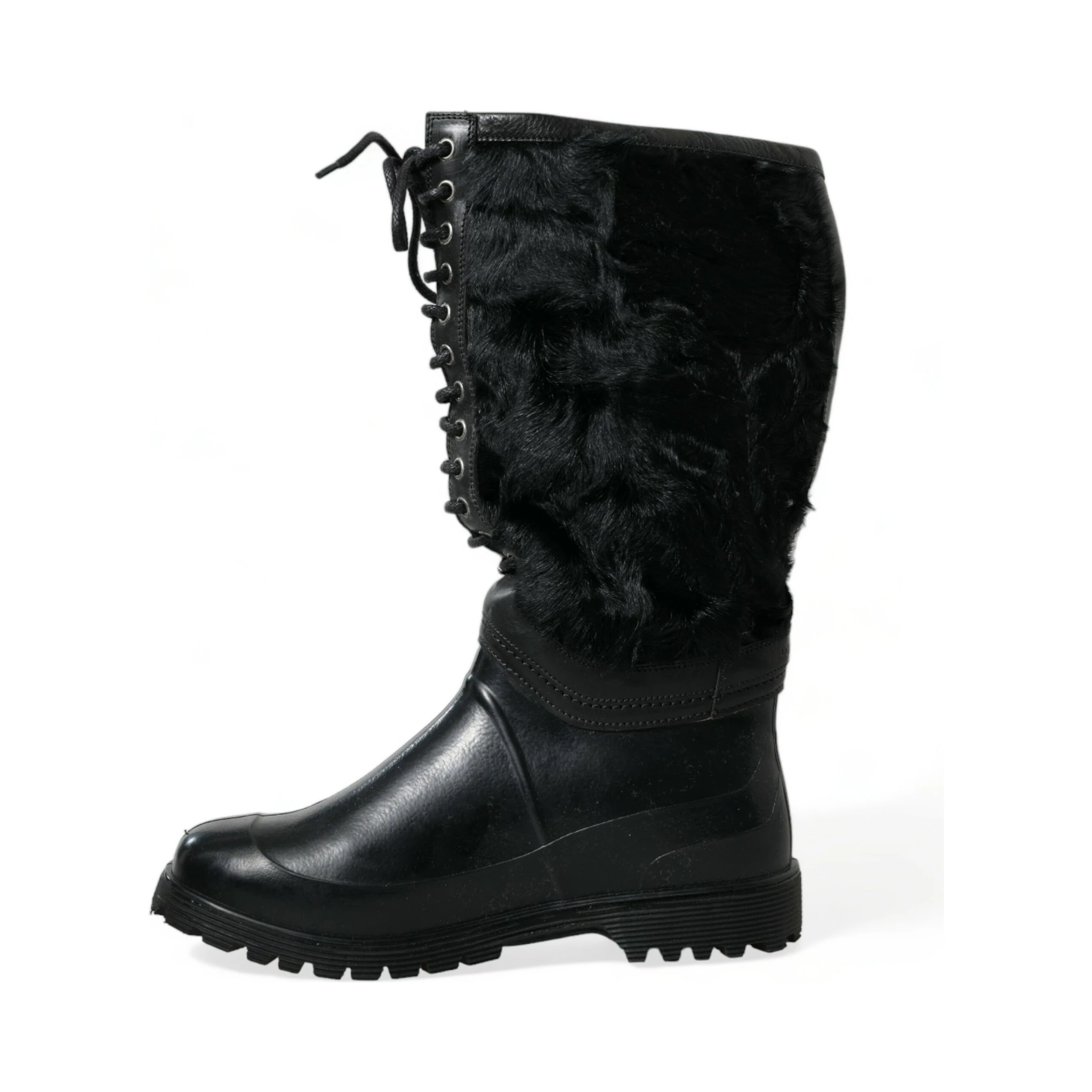 Black Rubber Lace Up Shearling Rain Boots Shoes