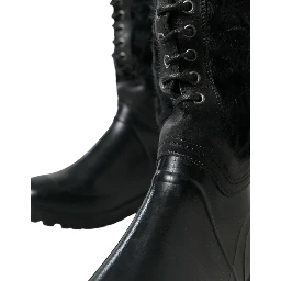 Black Rubber Lace Up Shearling Rain Boots Shoes