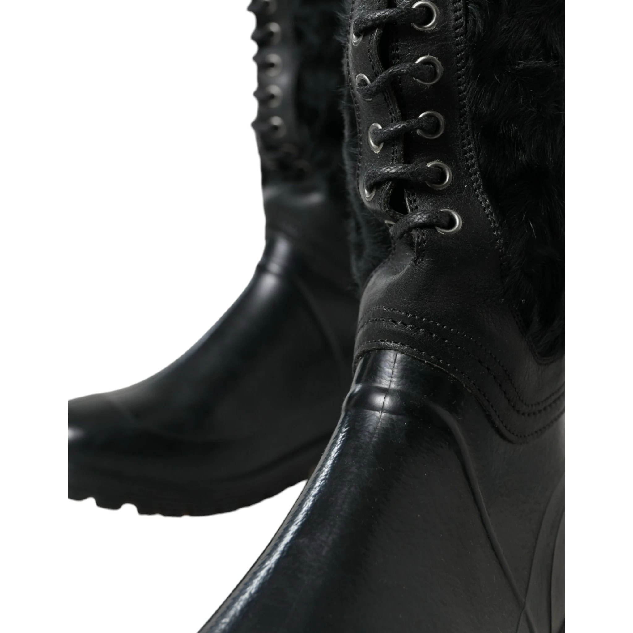 Black Rubber Lace Up Shearling Rain Boots Shoes