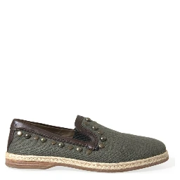 Gray Linen Leather Studded Loafers Shoes