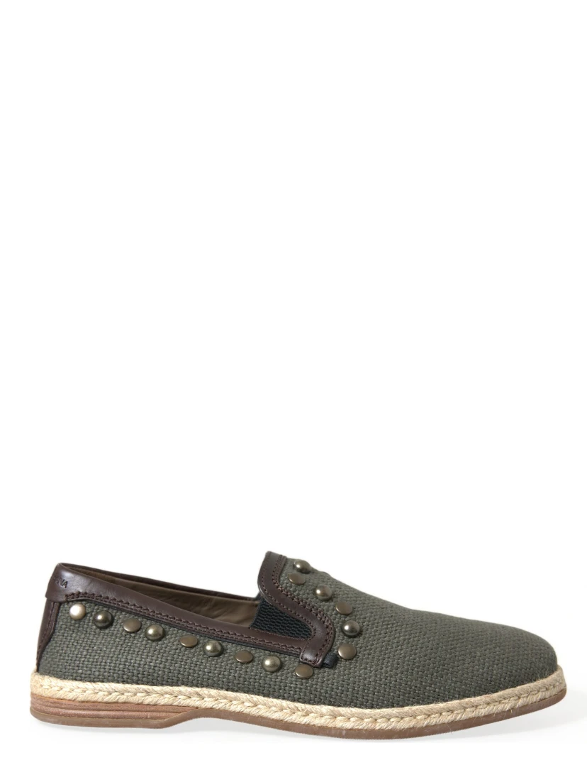 Gray Linen Leather Studded Loafers Shoes