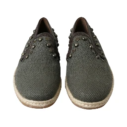 Gray Linen Leather Studded Loafers Shoes