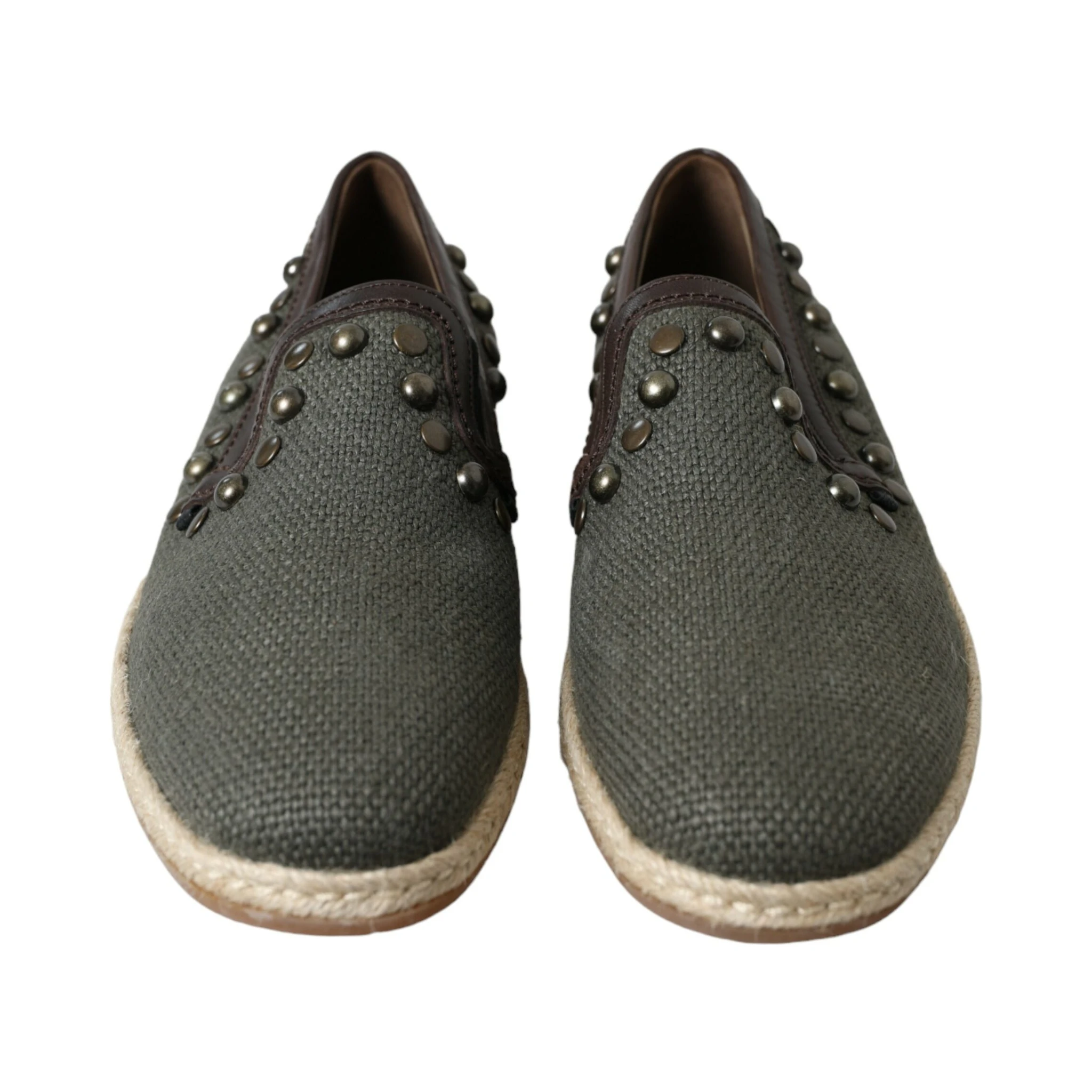 Gray Linen Leather Studded Loafers Shoes