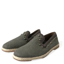 Gray Linen Leather Studded Loafers Shoes