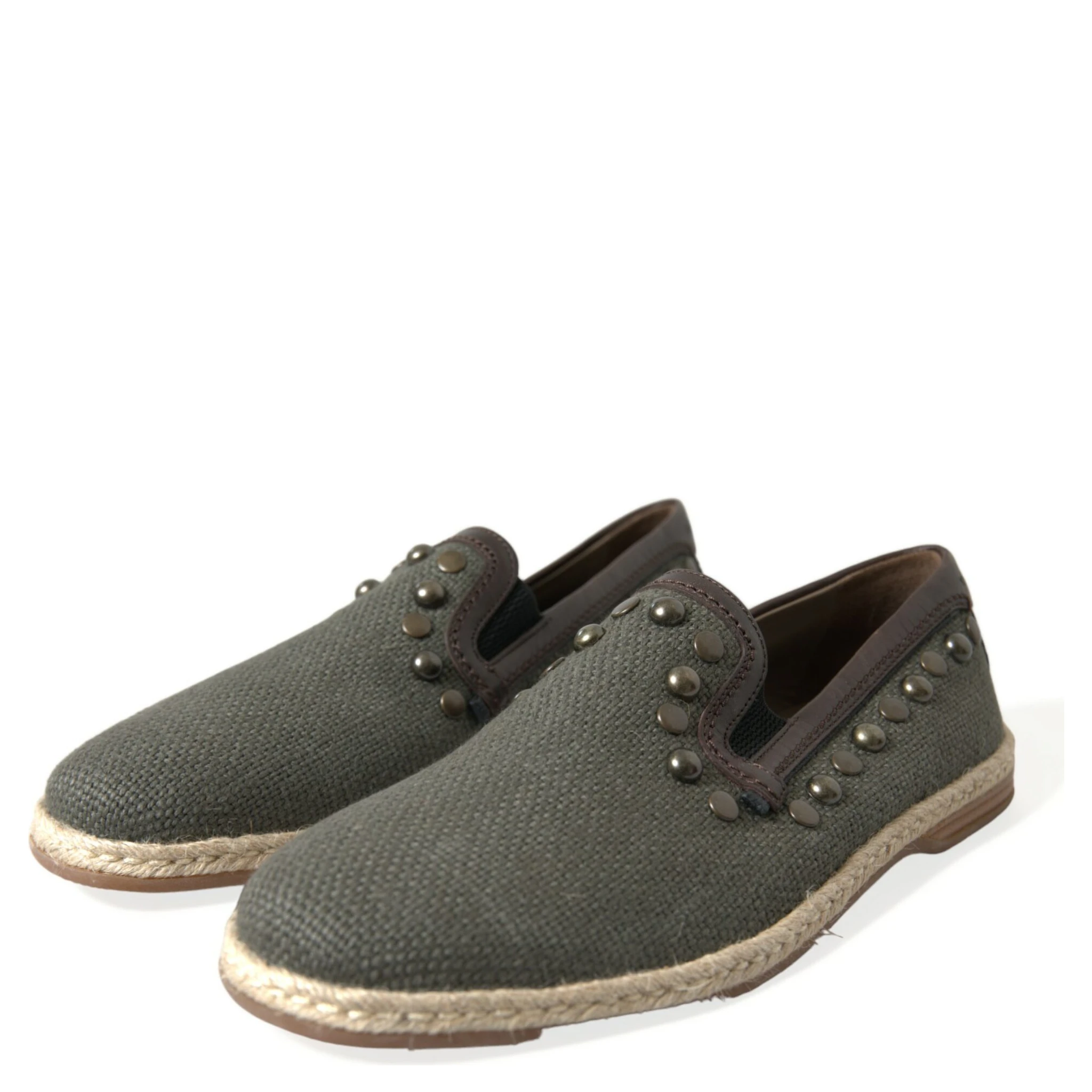 Gray Linen Leather Studded Loafers Shoes