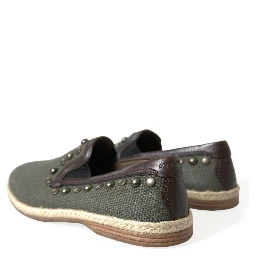 Gray Linen Leather Studded Loafers Shoes