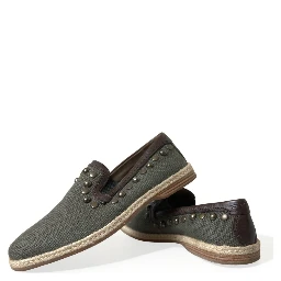 Gray Linen Leather Studded Loafers Shoes