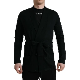 Black Cashmere Long Sleeves Belted Wrap Robe