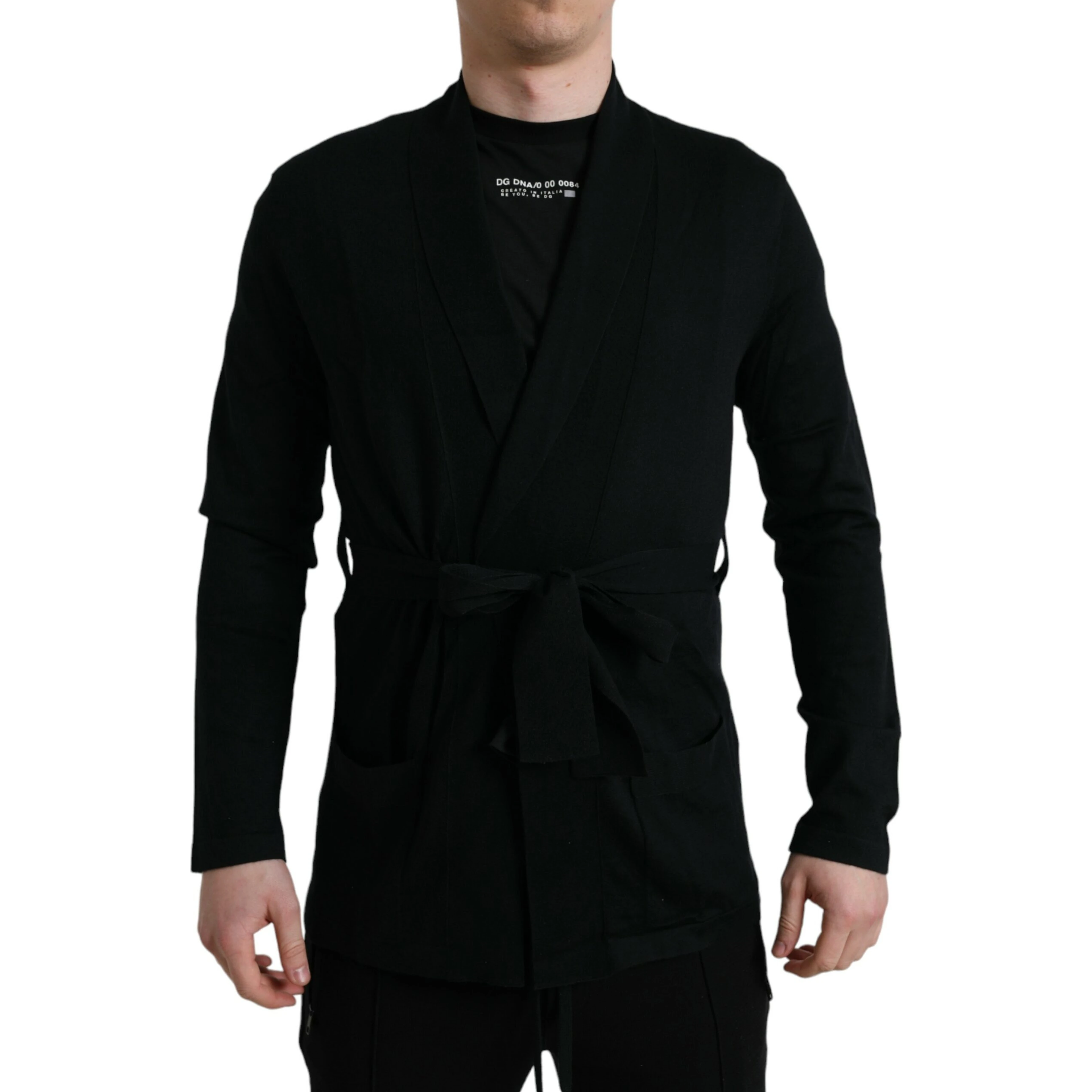 Black Cashmere Long Sleeves Belted Wrap Robe