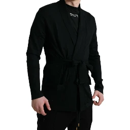 Black Cashmere Long Sleeves Belted Wrap Robe