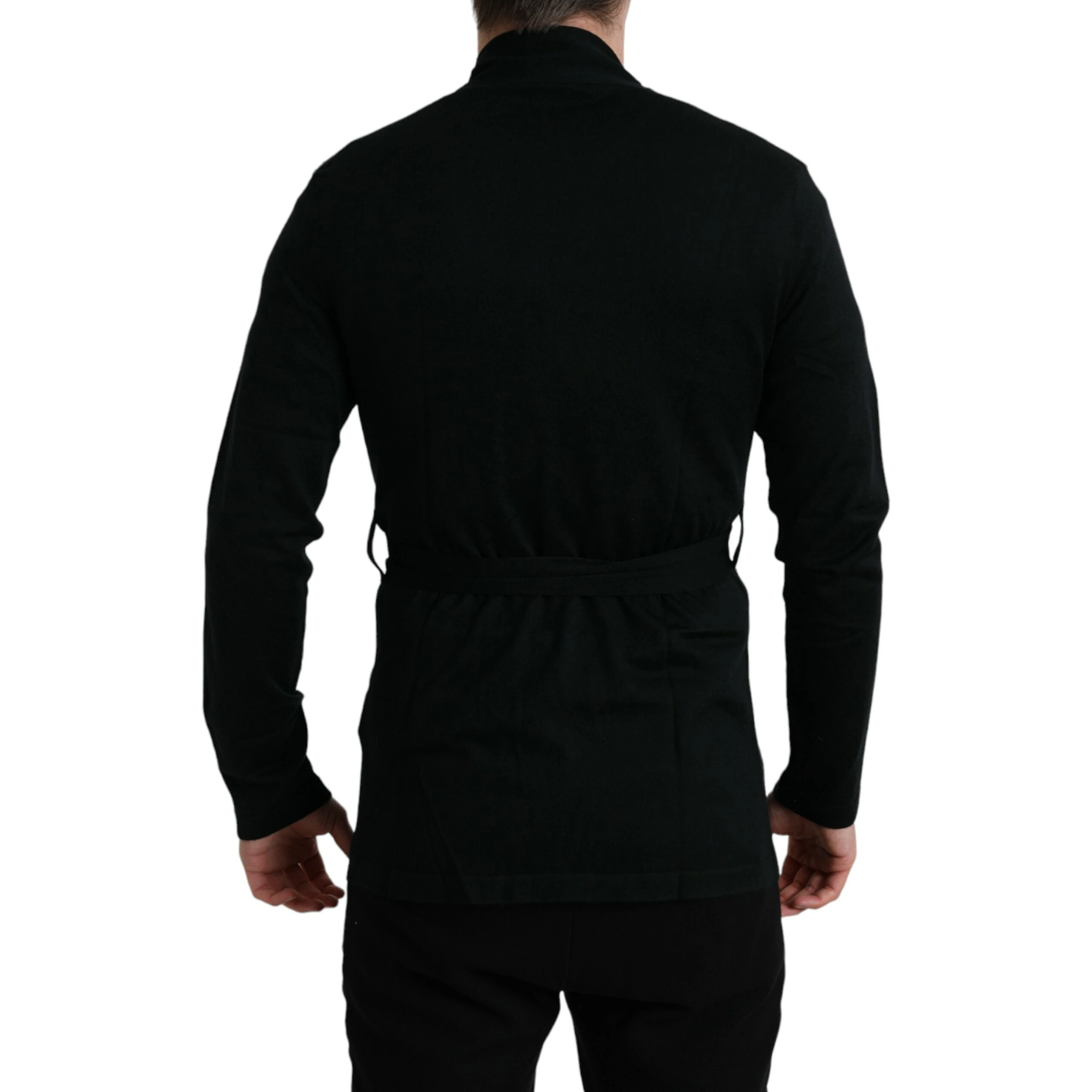 Black Cashmere Long Sleeves Belted Wrap Robe