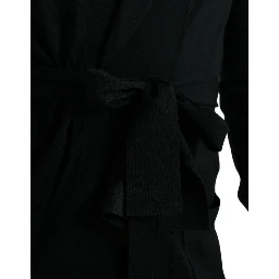 Black Cashmere Long Sleeves Belted Wrap Robe