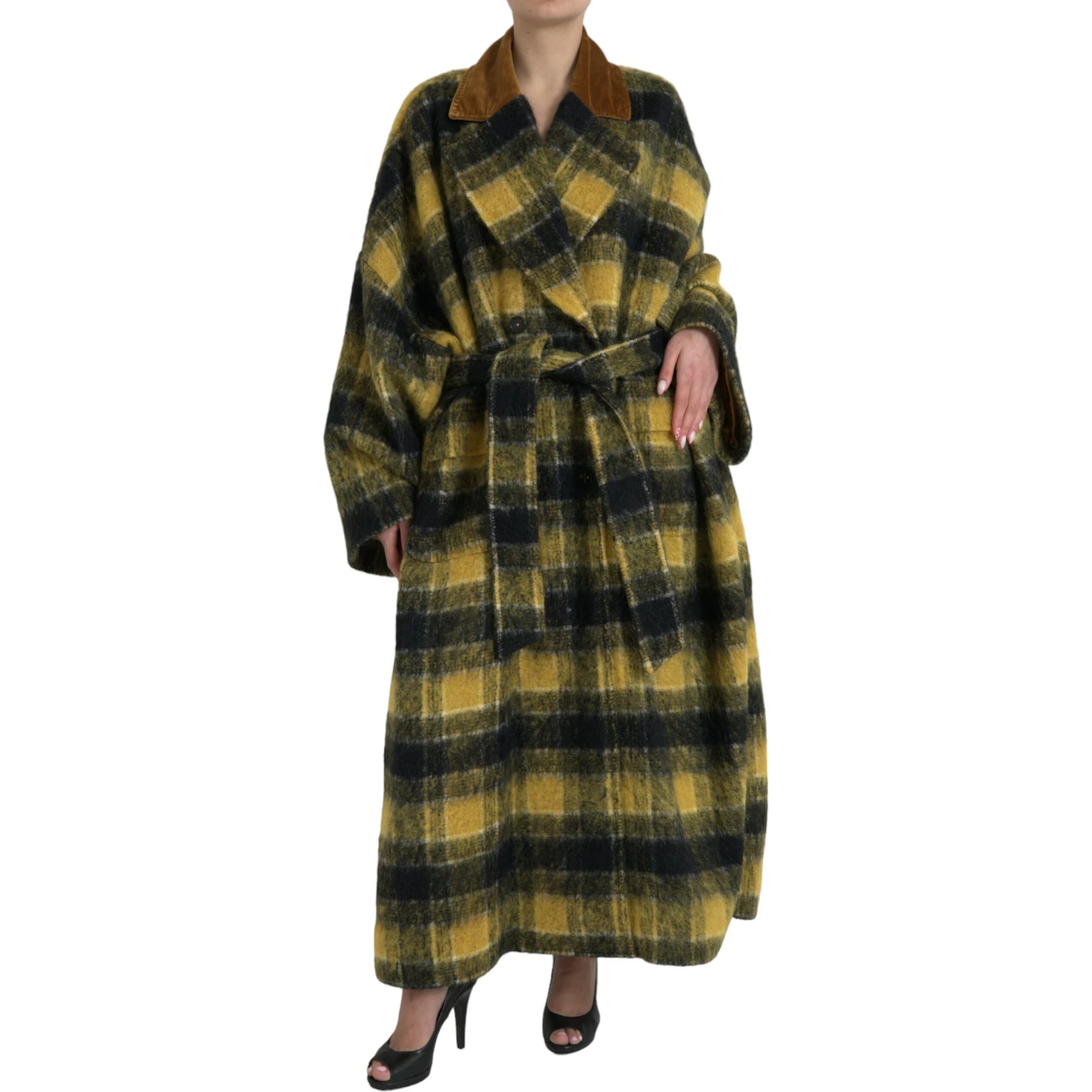 Yellow Checkered Long Sleeve Coat Jacket