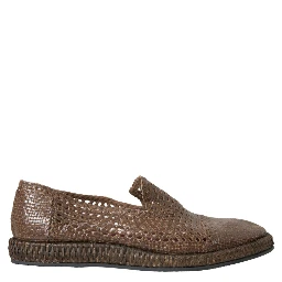 Brown Woven Leather Loafers Casual Shoes