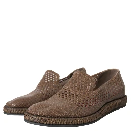 Brown Woven Leather Loafers Casual Shoes