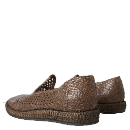 Brown Woven Leather Loafers Casual Shoes