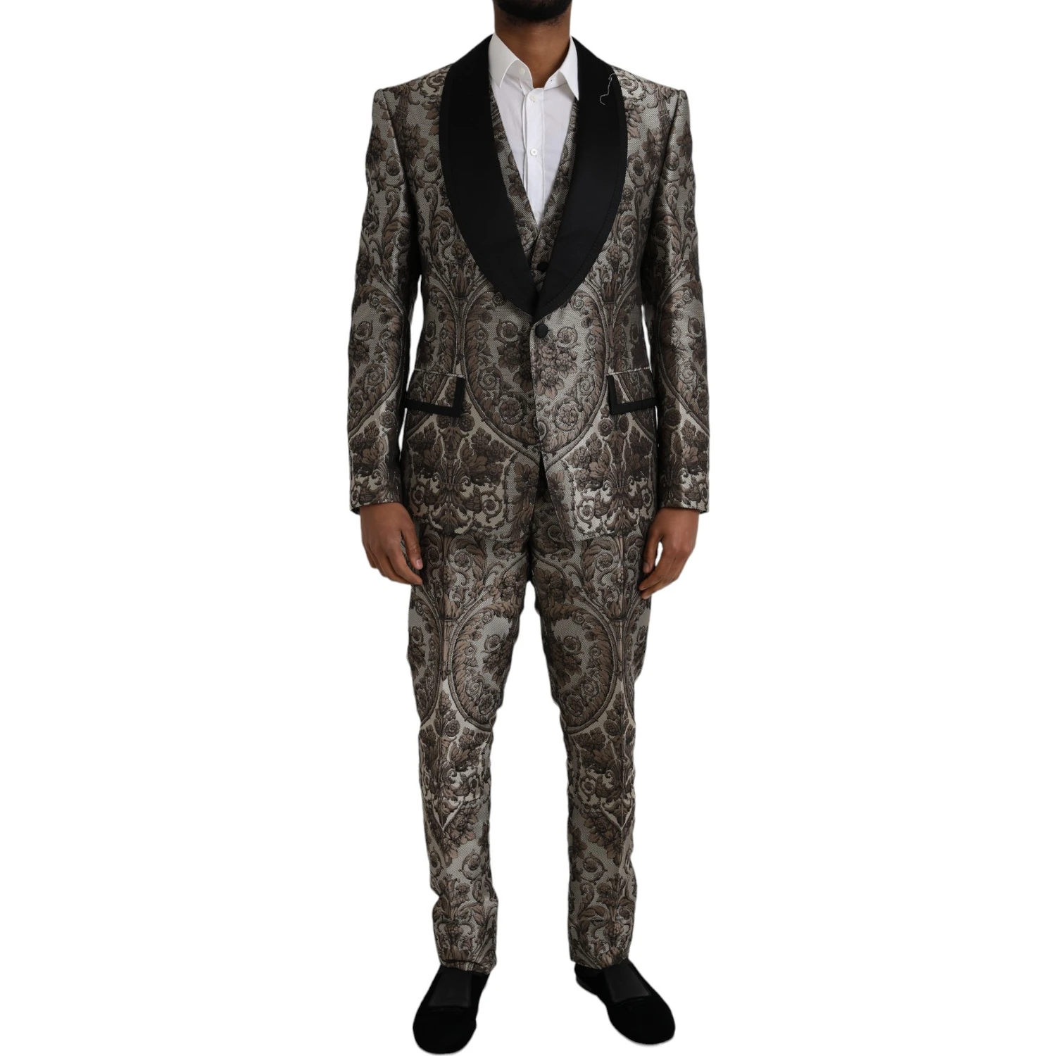 Brown Floral Jacquard Formal 3 Piece Suit